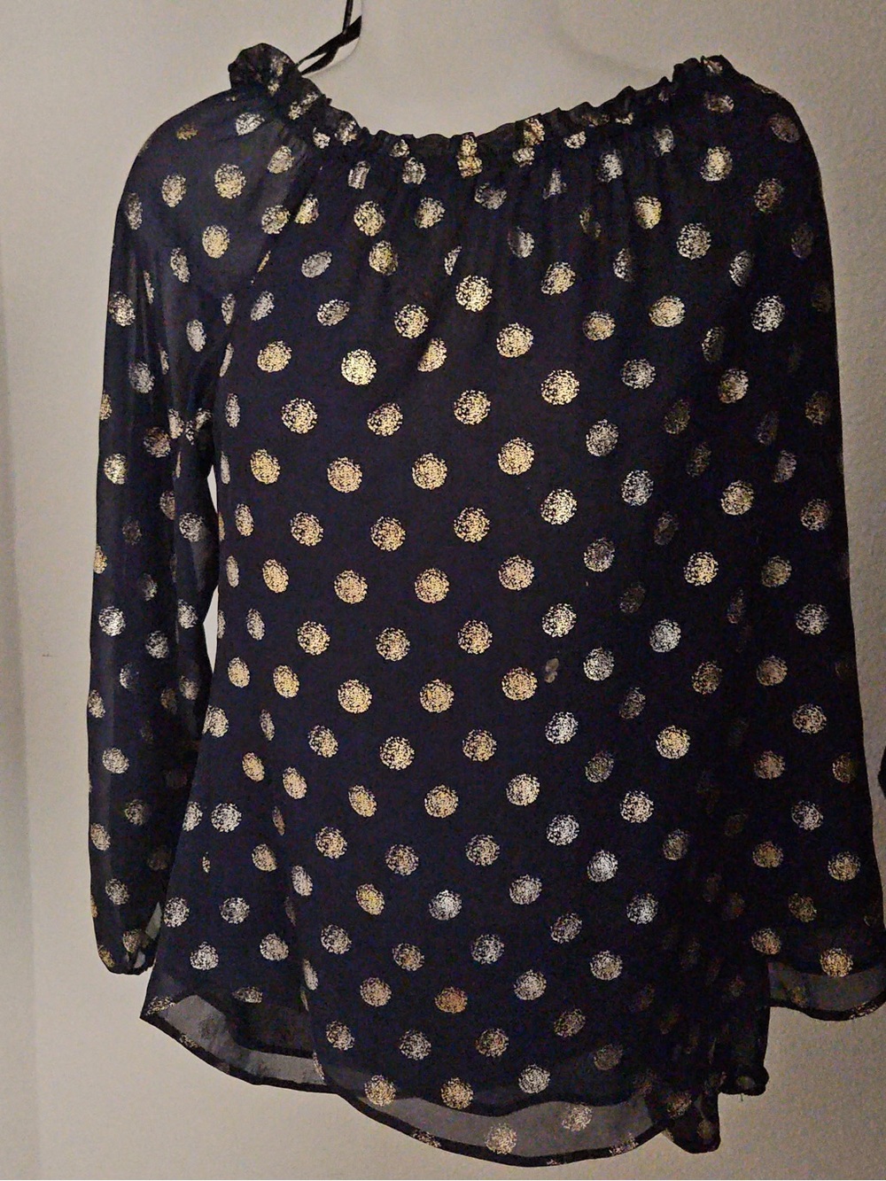 Joseph Ribkoff Navy Blouse with Metallic Gold Dots size 6